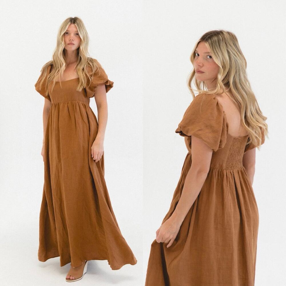 SOLAI THE LABEL French Riviera Linen Maxi Dress Puff Sleeve Toffee Brown | Small